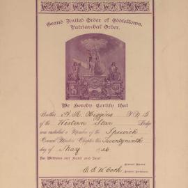 Certificate, A R Higgins, Western Star Lodge, Grand United Order of Oddfellows Patriarchal Order,  Ipswich, 1926