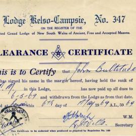 United Grand Lodge of NSW, clearance certificate for John Bultitude, 1969