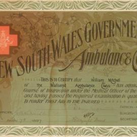 First aid certificate for William Mitchell of the Wallsend Ambulance Class, 1897