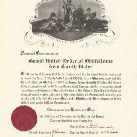 Fraternal greetings to the Grand United Order of Oddfellows NSW, from G.U.O.O.F. Qld, 1996