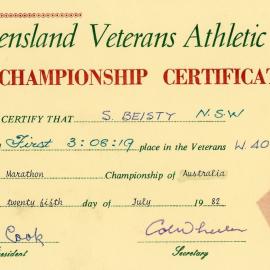 Athletics certificate - Sue Beisty, 1982