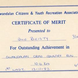 Gwandalan Cross Country Run certificate - Sue Beisty, 1983.
