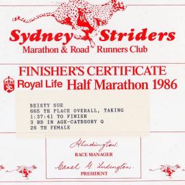 Royal Life Half Marathon cetificate - Sue Beisty, 1986