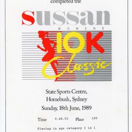Sussan Womens 10k Classic  race certificate - Sue Beisty, 1989