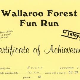 Wallaroo Forest Fun Run certificate - Sue Beisty