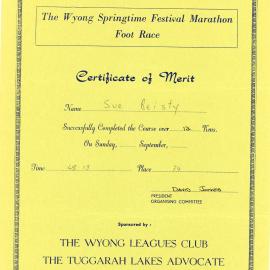 The Wyong Springtime Festival Marathon Foot Race certificate - Sue Beisty, 1976