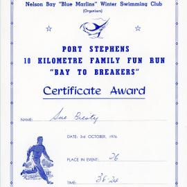 Port Stephens 10 Kilometre Family Fun Run "Bay to Breakers" certificate - Sue Beisty, 1976