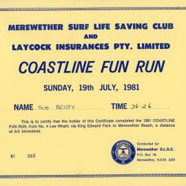 Coastline Fun Run Certificate - Sue Beisty, 1981