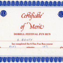 Dobell Festival Fun Run certificate - Sue Beisty