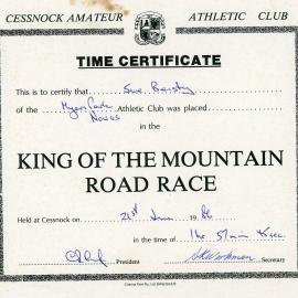 King of the Mountain Road Race certificate- Sue Beisty, 1986