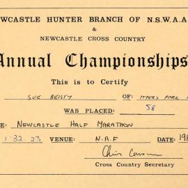 Newcastle Half Marathon certificate - Sue Beisty, 1986