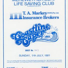 Coastline Caper Fun Run certificate - Sue Beisty, 1989
