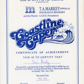 Coastline Caper Fun Run certificate - Sue Beisty, 1991 