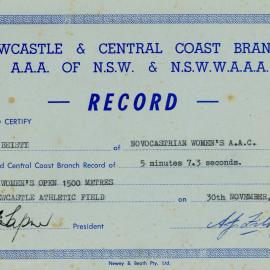 Women's Open 1500 Metres certificate - Sue Beisty, 1975