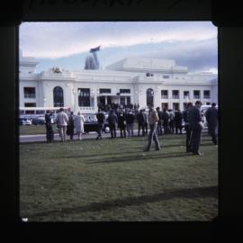 [Waterside Workers Federation] budget train deputation on lawn in front of old Parliament House, Canberra, ACT, 1965