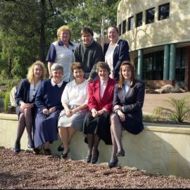 David Marr with unidentified staff from the Student Division Unit outside The Chancellery Building, the University of Newcastle, Australia - 1992