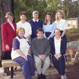 David Marr with unidentified staff from the Student Division Unit outside the Chancellery Building, the University of Newcastle, Australia - 1992