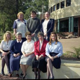 David Marr with unidentified staff from the Student Division Unit outside the Chancellery Building, the University of Newcastle, Australia - 1992