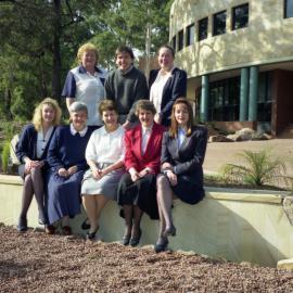 David Marr with unidentified staff from the Student Division Unit outside the Chancellery Building, the University of Newcastle, Australia - 1992
