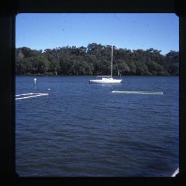Port Stephens Fish Research Station trawler and oyster racks, NSW, 1975