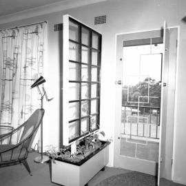 Lysaghts, home interior décor with door, room divider and curtains, NSW, 1959