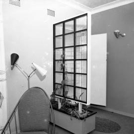 Lysaghts, interior decor with room divider, chair and lamp, NSW, 1959