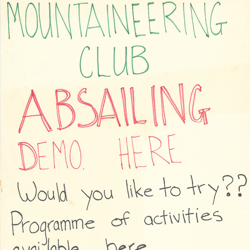 Poster "Newcastle Uni Mountaineering Club - abseiling demo. here"