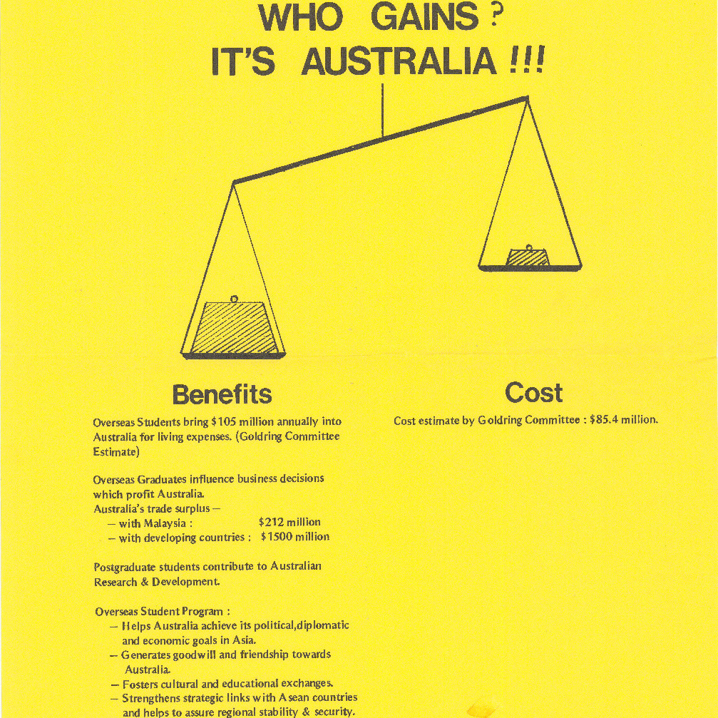 Poster "Overseas Student Program stop the fee$"