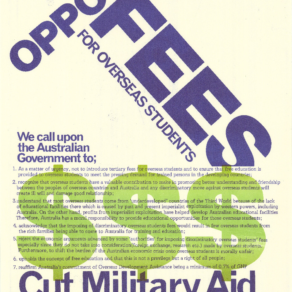 Poster "Oppose fees for overseas students"