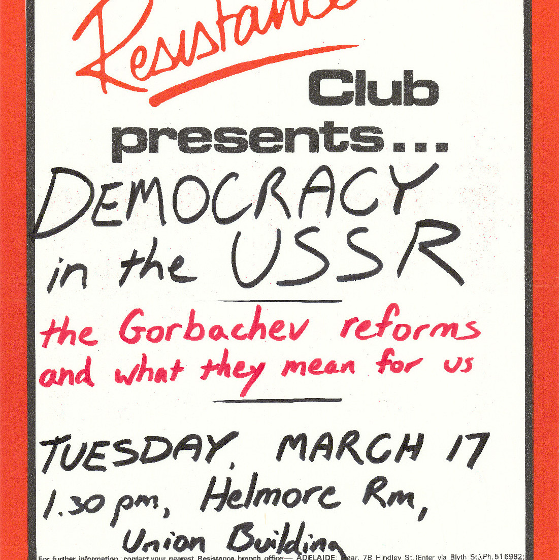 Poster, Resistance Club presents Democracy in the USSR