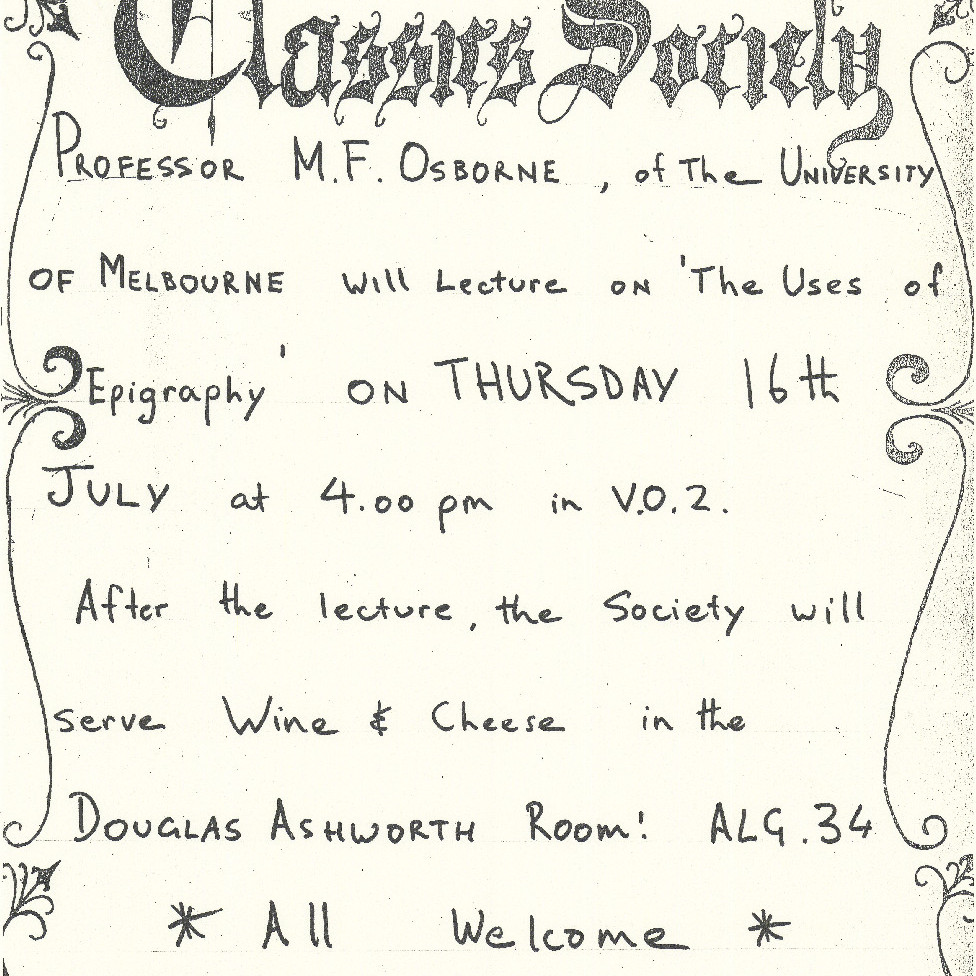 Poster, Classics Society - 'the uses of epigraphy' lecture