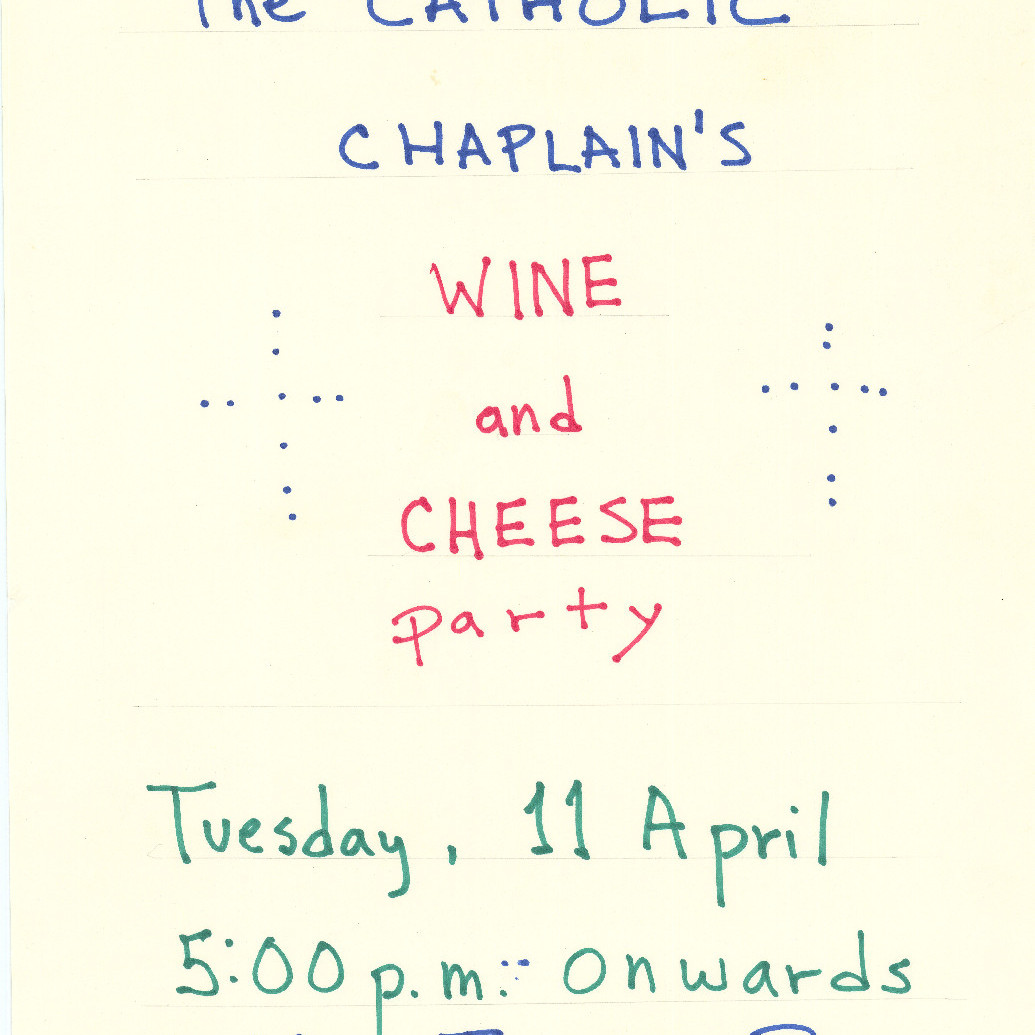Poster, Catholic chaplain's wine and cheese party