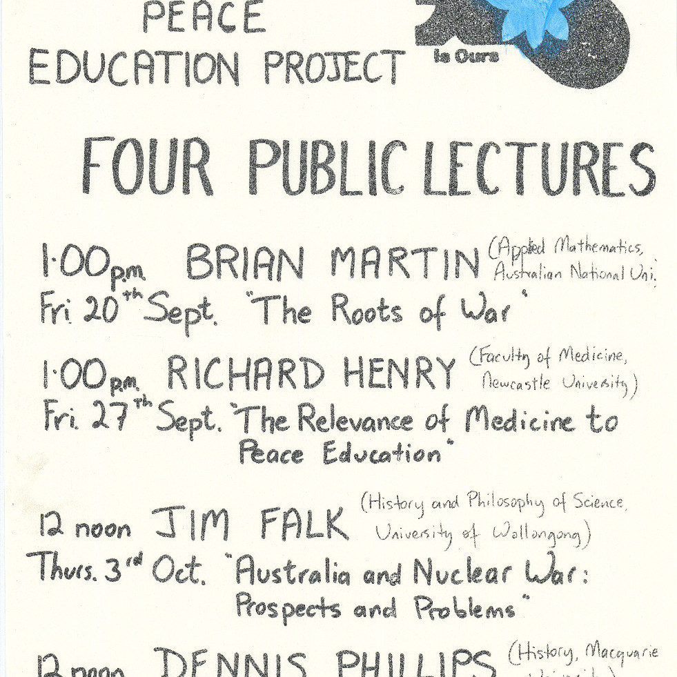Poster, Four public lectures organised by the Newcastle University Peace Project