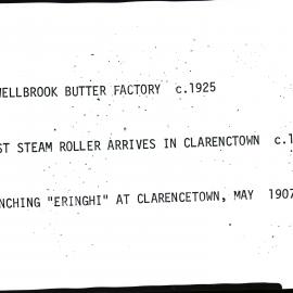 Label with place names, including  Muswellbrook Butter Factory, c 1925