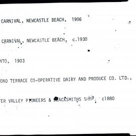 Label with place names and events, including  Surf Carnival Newcastle Beach, 1906