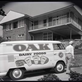 Oak Dairy Foods, home delivery van in front of house, 1963