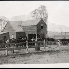 Postcard, men with horse and carts outside farm house [n.d.]