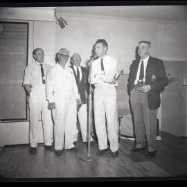 Coal and Allied Bowls Gala, East Cessnock, NSW, men with cups, 1963
