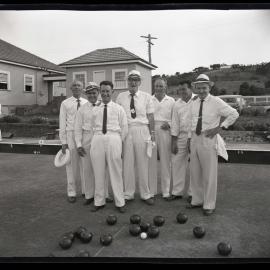Coal and Allied Bowls Gala, East Cessnock, NSW, men in bowling whites, 1963