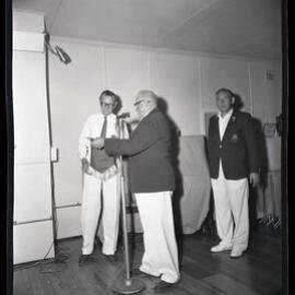 Coal and Allied Bowls Gala, East Cessnock, NSW, men on stage, 1963
