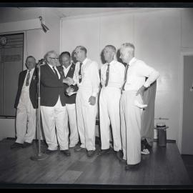 Coal and Allied Bowls Gala, East Cessnock, NSW, men shaking hands, 1963