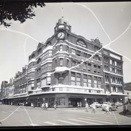 City building with clock and David Jones sign, 1963
