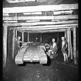 Bellambi Colliery, five miners with machinery, 1961