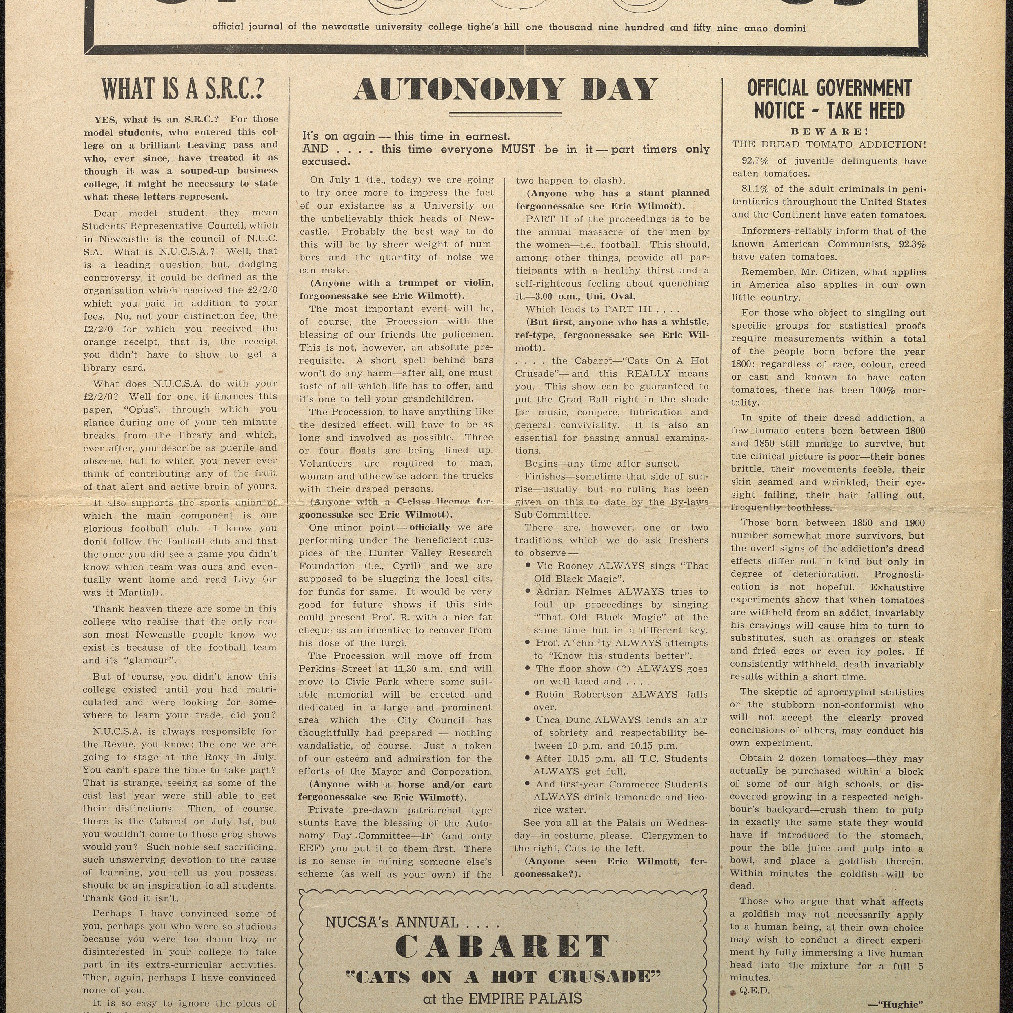 OPUS Official Journal of the Newcastle University College Tighes Hill One Thousand Nine Hundred and Fifty Nine Anno Domini (1st July 1959)