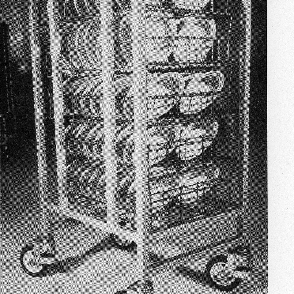 Rack of clean plates in hospital kitchen, Royal Newcastle Hospital, Dietary Department, 1960s