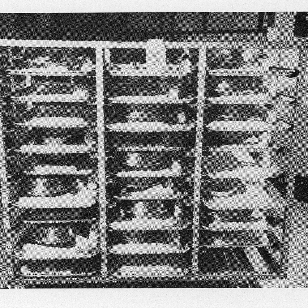 Rack of hospital meal trays, Royal Newcastle Hospital, Dietary Department, 1960s