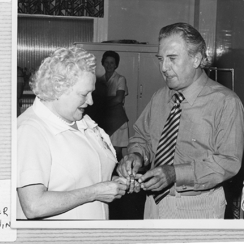 Mrs. Summers, left, Mr. Mathers, centre and Miss Win, right at Mrs. Summers retirement event, Royal Newcastle Hospital, Dietary Department, 1960s