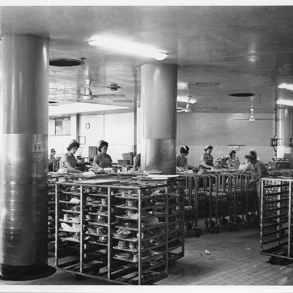 Hospital kitchen, staff preparing meal trays, Royal Newcastle Hospital, Dietary Department, 1960s