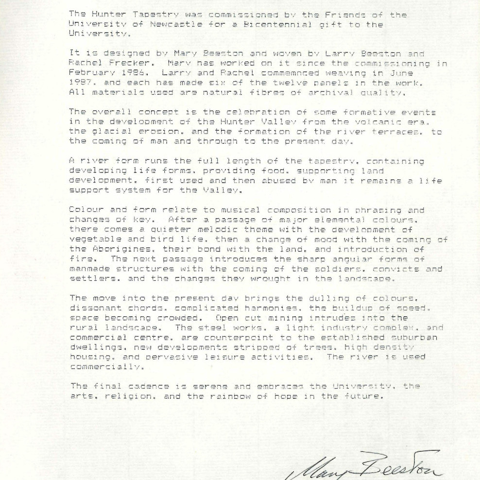 Mary Beeston Letter from A7862(x) Memoranda, plans and papers relating to Great Hall Tapestry, March, 1987 – July, 1988.