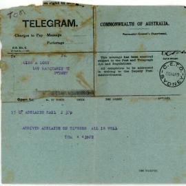 Telegram from Thomas "Tom" Long to Amy "Ame" Long, 30 August 1919